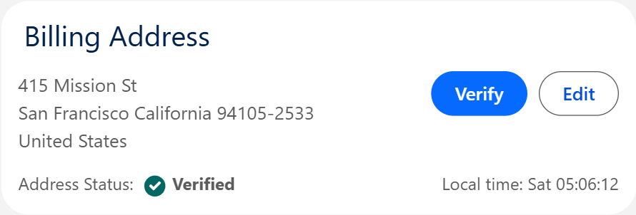 The AddressTools component on an Account record, showing a verified billing address, its address status and the local time at that address.