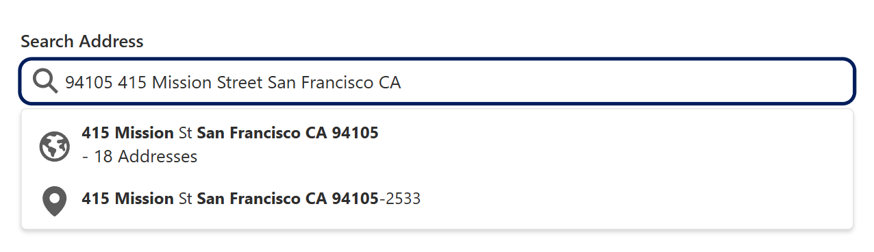 PowerSearch suggesting verified addresses while an address is typed into the Address Search window.